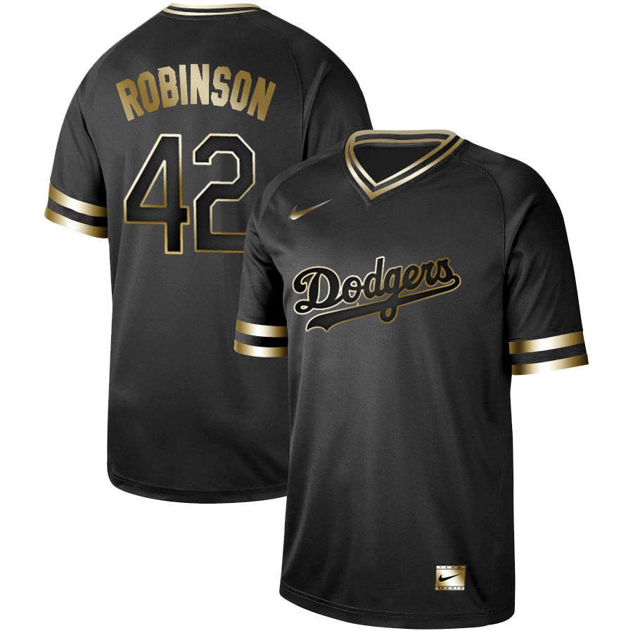 Men Los Angeles Dodgers 42 Robinson Nike Black Gold MLB Jerseys